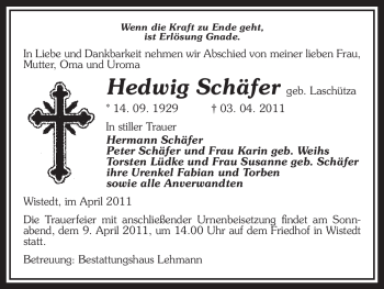 Traueranzeige von Hedwig Schäfer von ALLGEMEINE ZEITUNG UELZEN