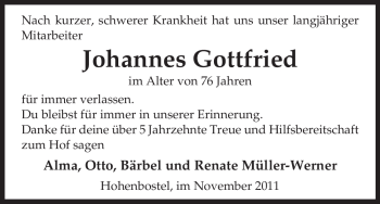 Traueranzeige von Johannes Gottfried von ALLGEMEINE ZEITUNG UELZEN