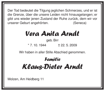 Traueranzeige von Vera Anita Arndt von ALLGEMEINE ZEITUNG UELZEN