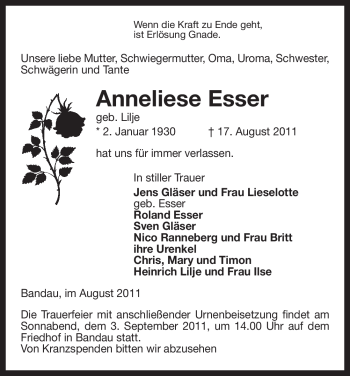 Traueranzeige von Anneliese Esser von ALLGEMEINE ZEITUNG UELZEN