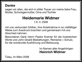 Traueranzeige von Heidemarie Widmer von ALLGEMEINE ZEITUNG UELZEN