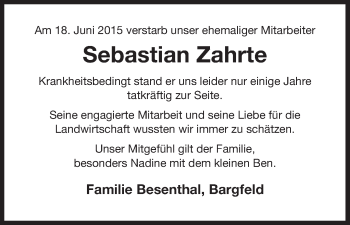 Traueranzeige von Sebastian Zahrte von Uelzen