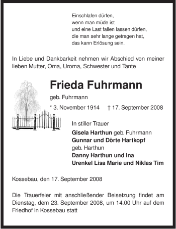 Traueranzeige von Frieda Fuhrmann von ALLGEMEINE ZEITUNG UELZEN