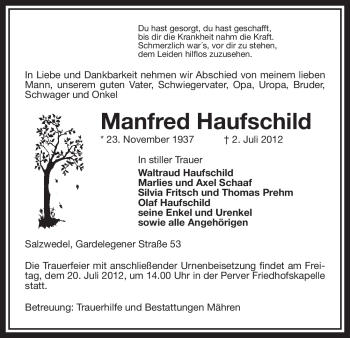 Traueranzeige von Manfred Haufschild von ALLGEMEINE ZEITUNG UELZEN