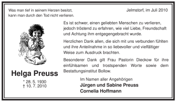 Traueranzeige von Helga Preuss von ALLGEMEINE ZEITUNG UELZEN