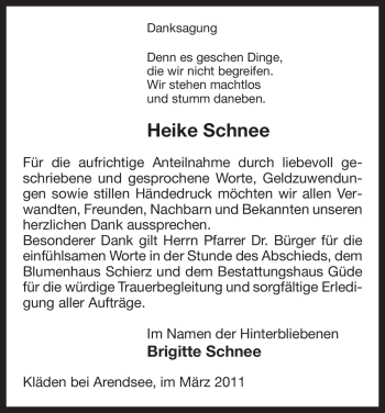 Traueranzeige von Heike Schnee von ALLGEMEINE ZEITUNG UELZEN