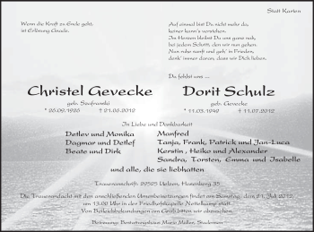 Traueranzeige von Dorit Schulz von ALLGEMEINE ZEITUNG UELZEN