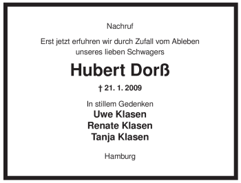 Traueranzeige von Hubert Dorß von ALLGEMEINE ZEITUNG UELZEN