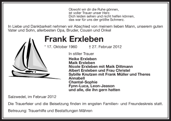 Traueranzeige von Frank Erxleben von ALLGEMEINE ZEITUNG UELZEN