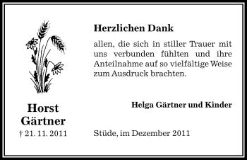 Traueranzeige von Horst Gärtner von ALLGEMEINE ZEITUNG UELZEN