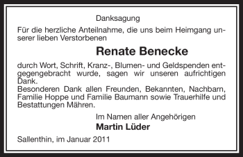 Traueranzeige von Renate Benecke von ALLGEMEINE ZEITUNG UELZEN