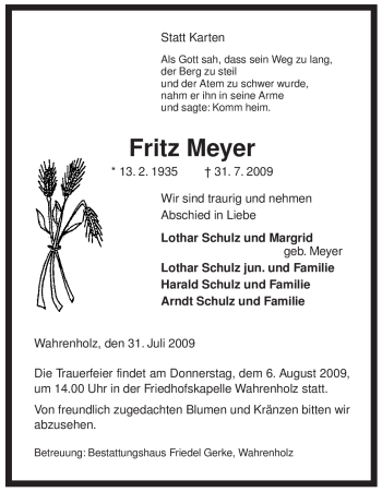 Traueranzeige von Fritz Meyer von ALLGEMEINE ZEITUNG UELZEN
