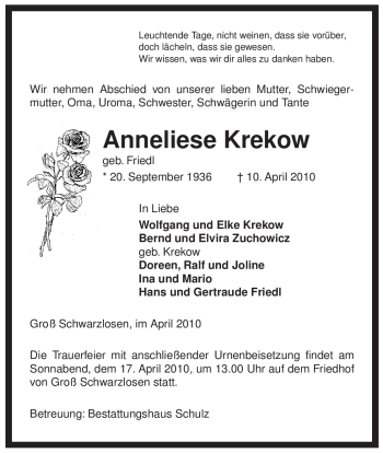 Traueranzeige von Anneliese Krekow von ALLGEMEINE ZEITUNG UELZEN