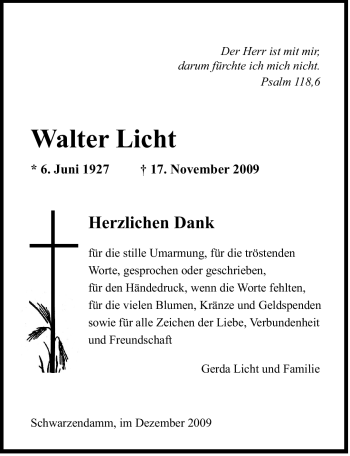 Traueranzeige von Walter Licht von ALLGEMEINE ZEITUNG UELZEN