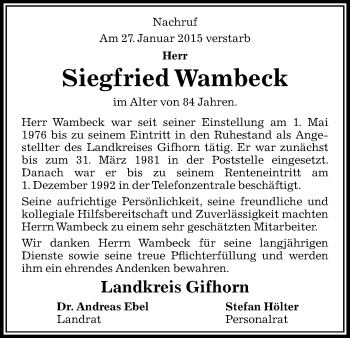 Traueranzeige von Siegfried Wambeck von Uelzen