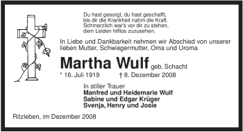 Traueranzeige von Martha Wulf von ALLGEMEINE ZEITUNG UELZEN