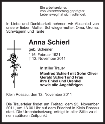 Traueranzeige von Anna Schierl von ALLGEMEINE ZEITUNG UELZEN