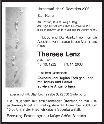 Traueranzeige von Therese Lenz von ALLGEMEINE ZEITUNG UELZEN