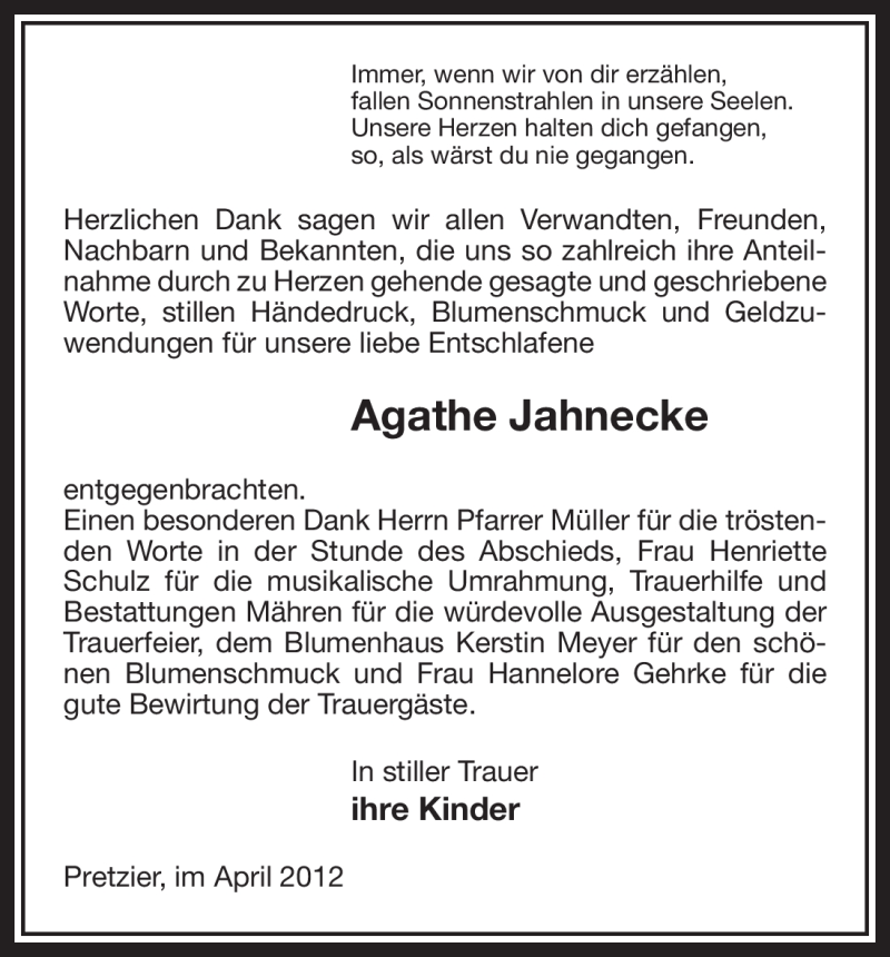  Traueranzeige für Agathe Jahnecke vom 05.04.2012 aus ALLGEMEINE ZEITUNG UELZEN