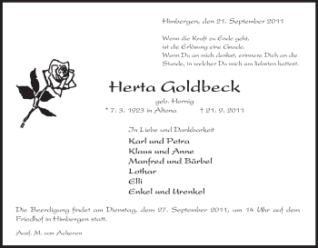 Traueranzeige von Herta Goldbeck von ALLGEMEINE ZEITUNG UELZEN