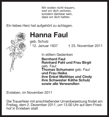 Traueranzeige von Hanna Faul von ALLGEMEINE ZEITUNG UELZEN