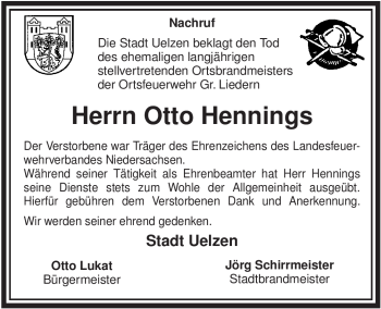 Traueranzeige von Otto Hennings von ALLGEMEINE ZEITUNG UELZEN