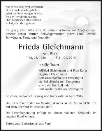 Traueranzeige von Frieda Gleichmann von Uelzen