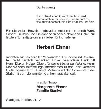 Traueranzeige von Herbert Elsner von ALLGEMEINE ZEITUNG UELZEN