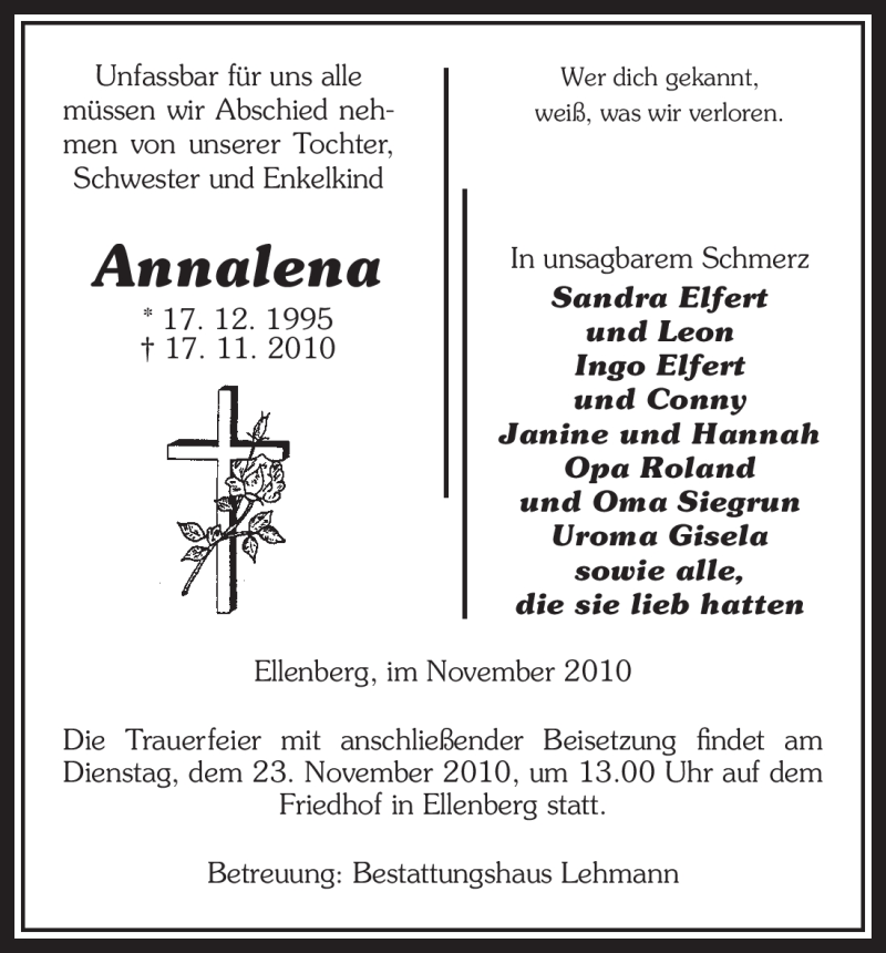  Traueranzeige für Annalena Unbekannt vom 20.11.2010 aus ALLGEMEINE ZEITUNG UELZEN