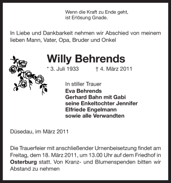 Traueranzeige von Willy Behrends von ALLGEMEINE ZEITUNG UELZEN