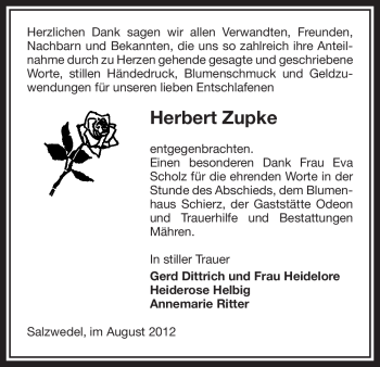 Traueranzeige von Herbert Zupke von ALLGEMEINE ZEITUNG UELZEN