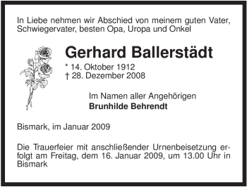Traueranzeige von Gerhard Ballerstädt von ALLGEMEINE ZEITUNG UELZEN