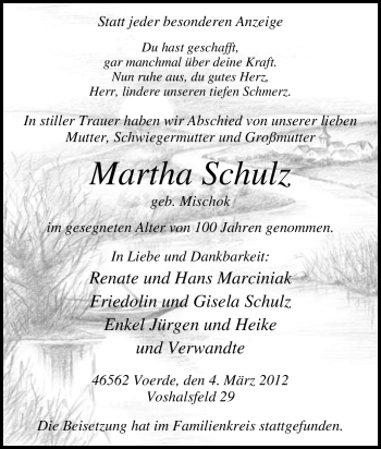 Traueranzeige von Martha Schulz von ALLGEMEINE ZEITUNG UELZEN