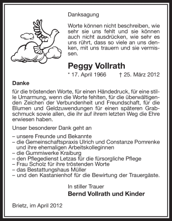 Traueranzeige von Peggy Vollrath von ALLGEMEINE ZEITUNG UELZEN