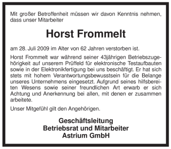 Traueranzeige von Horst Frommelt von ALLGEMEINE ZEITUNG UELZEN