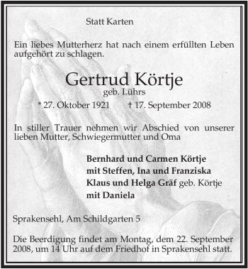 Traueranzeige von Gertrud Körtje von ALLGEMEINE ZEITUNG UELZEN