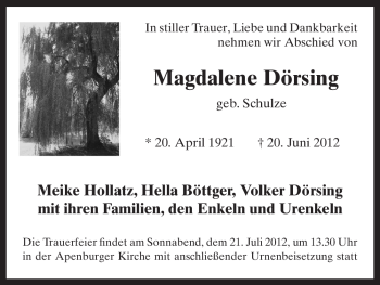 Traueranzeige von Magdalene Dörsing von ALLGEMEINE ZEITUNG UELZEN