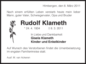 Traueranzeige von Rudolf Klameth von ALLGEMEINE ZEITUNG UELZEN