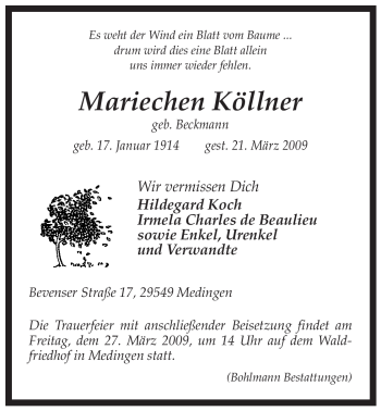 Traueranzeige von Mariechen Köllner von ALLGEMEINE ZEITUNG UELZEN