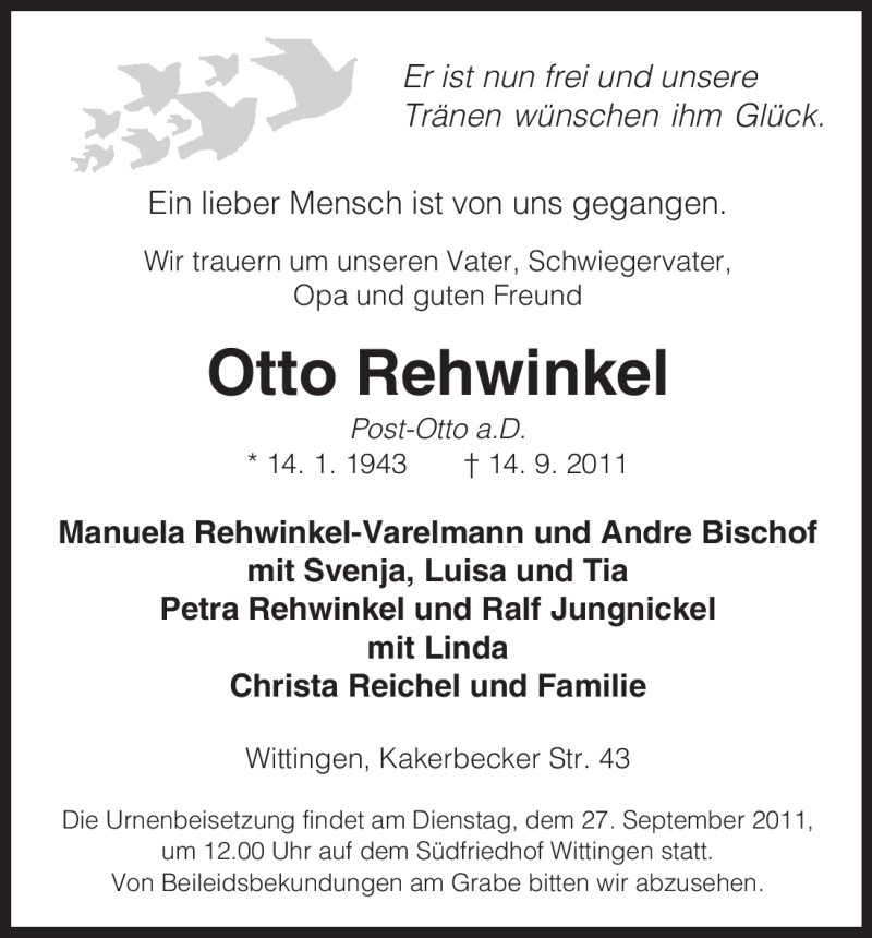  Traueranzeige für Otto Rehwinkel vom 23.09.2011 aus ALLGEMEINE ZEITUNG UELZEN