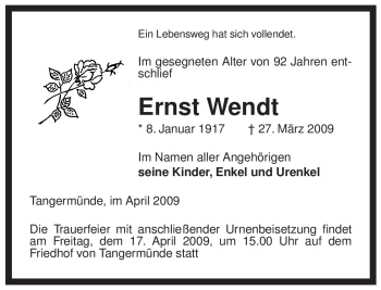 Traueranzeige von Ernst Wendt von ALLGEMEINE ZEITUNG UELZEN