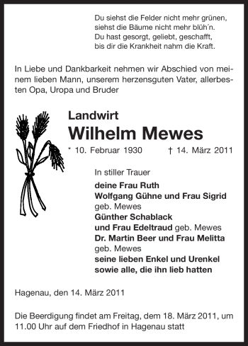 Traueranzeige von Wilhelm Mewes von ALLGEMEINE ZEITUNG UELZEN