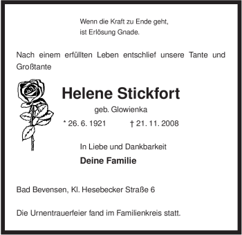 Traueranzeige von Helene Stickfort von ALLGEMEINE ZEITUNG UELZEN