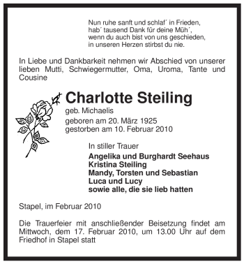 Traueranzeige von Charlotte Steiling von ALLGEMEINE ZEITUNG UELZEN