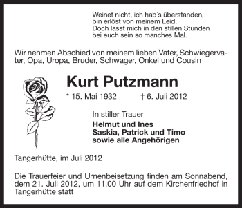 Traueranzeige von Kurt Putzmann von ALLGEMEINE ZEITUNG UELZEN