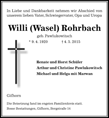 Traueranzeige von Willi Wasel Rohrbach von Uelzen