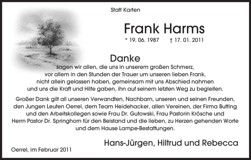  Traueranzeige für Frank Harms vom 26.02.2011 aus ALLGEMEINE ZEITUNG UELZEN