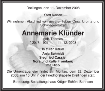Traueranzeige von Annemarie Klünder von ALLGEMEINE ZEITUNG UELZEN