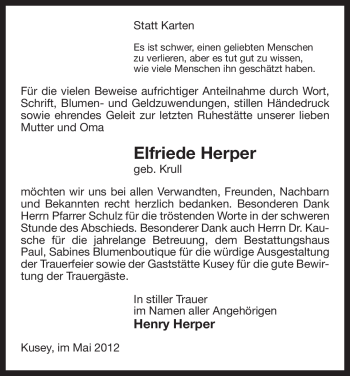 Traueranzeige von Elfriede Herper von ALLGEMEINE ZEITUNG UELZEN