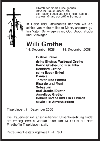 Traueranzeige von Willi Grothe von ALLGEMEINE ZEITUNG UELZEN